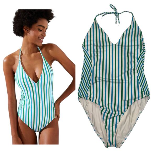 LOFT Other - Loft Beach Swimsuit Womens 16 Blue Green Striped 1 Piece V Neck Halter Vacation